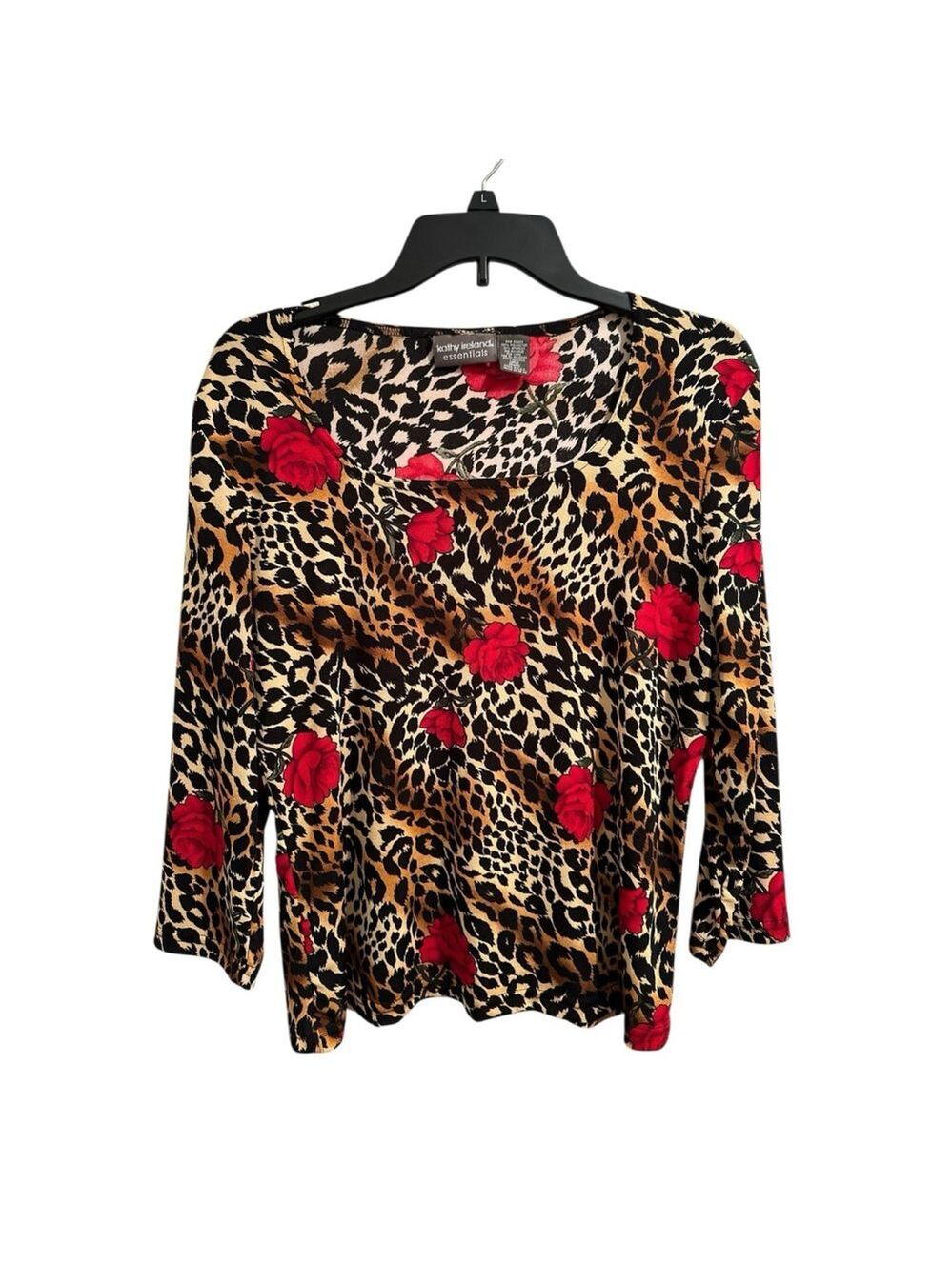 Kathy Ireland Animal Print Slinky Stretch Blouse Womens Large Multicolor Roses